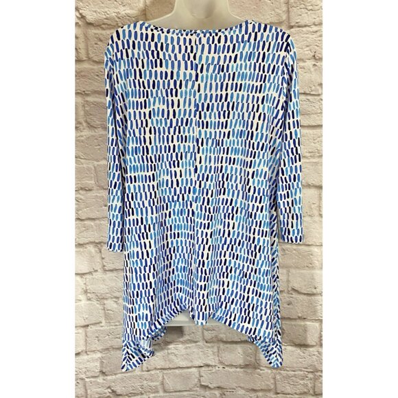 Clara Sun Woo Tunic Top Scoop Keyhole Neck 3/4 Sleeve Blue Printed Stretchy M - Picture 2 of 7
